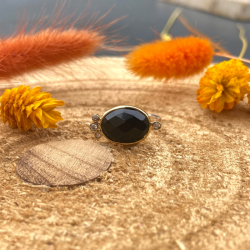 Bague Argent doré LEONISSE - Cabochon Onyx noir ovale & Zircons ronds TAILLE 56