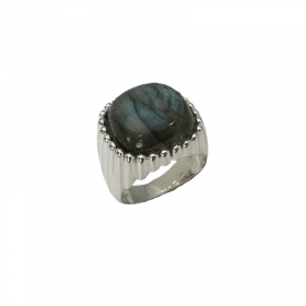 Bague large Argent - Anneau tubes & Cabochon Labradorite carrée CANYON