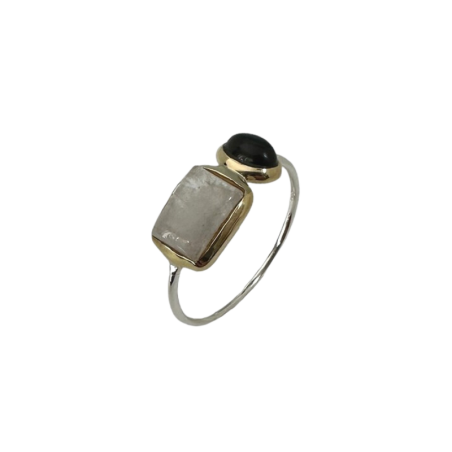 Bague Marquise Pierre Noire Onyx - Laiton - Taille Ajustable - Occasion - Vintage