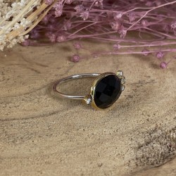 Bague Argent doré LEONISSE - Cabochon Onyx noir ovale & Zircons ronds TAILLE 56