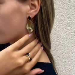 Boucles d'oreilles MIKONA Or - Cristal & Plume de faisan marron
