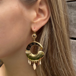 Boucles d'oreilles Pendantes MIKONA Or - Plumes de faisan noire beige & Gouttes