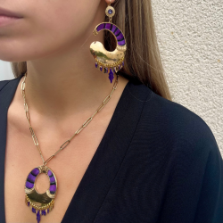 Boucles d'oreilles Pendantes MIKONA Or - Plumes de faisan violet beige & Gouttes