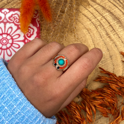 Bague ajustable CIRCUS Or - Anneau large & Décor baroque Corail Turquoise