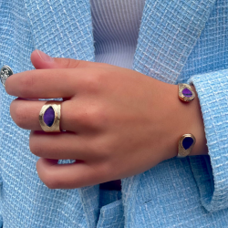 Bracelet Jonc ouvert MIKONA doré & Gouttes plumes de faisan violet