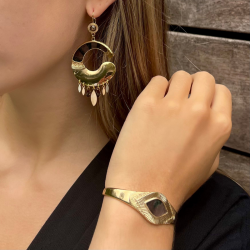 Bracelet Jonc ouvert MIKONA doré - Oeil en plume de faisan marron
