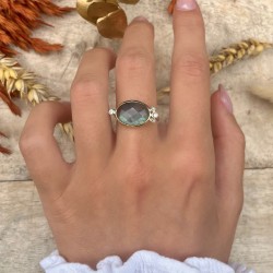 Bague fine Argent doré LEONISSE - Cabochon Labradorite & Zircons blancs TAILLE 52