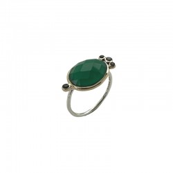 Bague fine Argent doré - Cabochon Onyx vert ovale & Zircons noirs CANYON BIJOUX