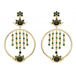 Boucles d'oreilles pendantes Dynasty Or - Puce, oeil, anneau & Casacade chaînes strassées noires  - HIPANEMA