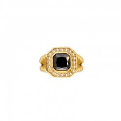 Bague large Castafi Or - Chevalière & Pavé octogonal cristal noir HIPANEMA