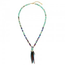 Collier court MIRADERO Or - Rondelles Jaspes strass & Plumes bleues HIPANEMA