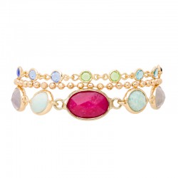 Bracelet manchette Kabaret Or - Chaînes chapelet & Cabochon quartz rose HIPANEMA