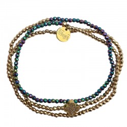 Bracelet élastiqué 3 tours NESS bleu doré - Trèfle zircons Belle Mais Pas Que