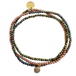 Bracelet élastiqué multirangs JOIE - Hématites rose vert doré & Pastille zircons Belle Mais Pas Que