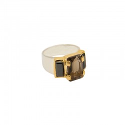 Bague large ART DECO doré - Anneau argent & Baguettes Quartz fumé - Une à Une