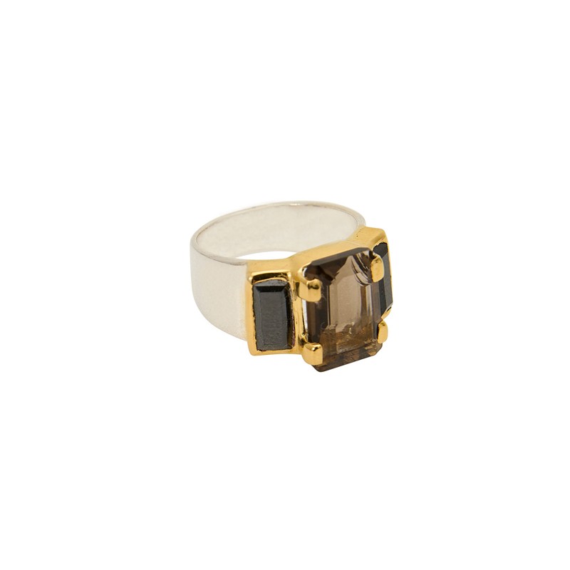 Bague large ART DECO doré - Anneau argent & Baguettes Quartz fumé - Une à Une
