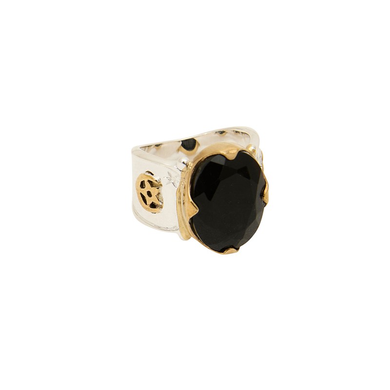 Bague large ART ANTIK doré - Anneau argent & Cabochon ovale Onyx noir - Une à Une