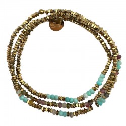 Bracelet élastiqué 3 tours LARA Hématites dorées - Turquoise BELLE MAIS PAS QUE