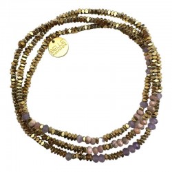 Bracelet élastiqué 3 tours LARA Hématites dorées - Rose violet BELLE MAIS PAS QUE