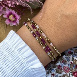Bracelet élastiqué 3 tours LARA Hématites dorées - Rose fuchsia