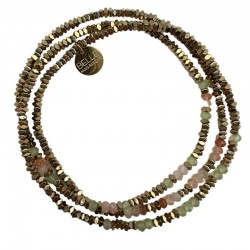 Bracelet élastiqué 3 tours LARA Hématites dorées - Rose vert BELLE MAIS PAS QUE