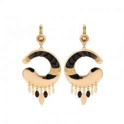 Boucles d'oreilles Pendantes MIKONA Or - Plumes de faisan noire beige & Gouttes SATELLITE
