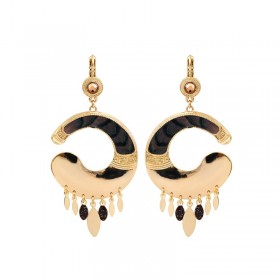 Boucles d'oreilles Pendantes MIKONA Or - Plumes de faisan noire beige & Gouttes SATELLITE