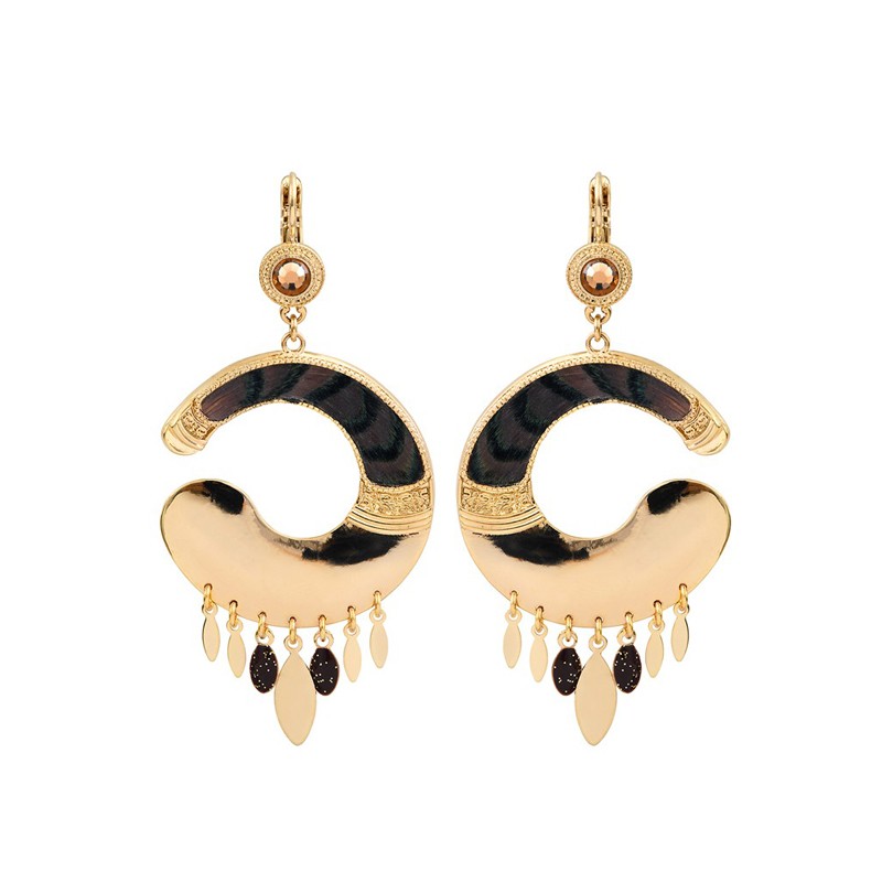 Boucles d'oreilles Pendantes MIKONA Or - Plumes de faisan noire beige & Gouttes SATELLITE Boucles d'oreilles Pendantes MIKONA Or - Plumes de faisan noire beige & Gouttes SATELLITE