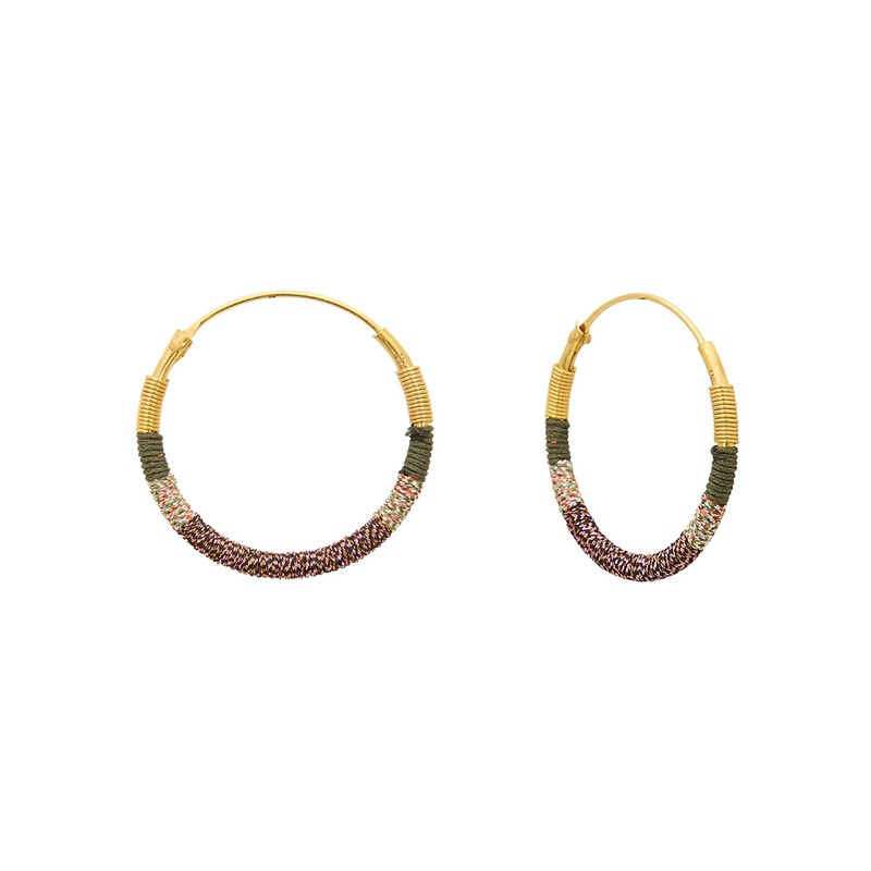 Boucles d'oreilles créoles Or CAMARI tissées prune vert kaki & doré - 3 cm UNE A UNE