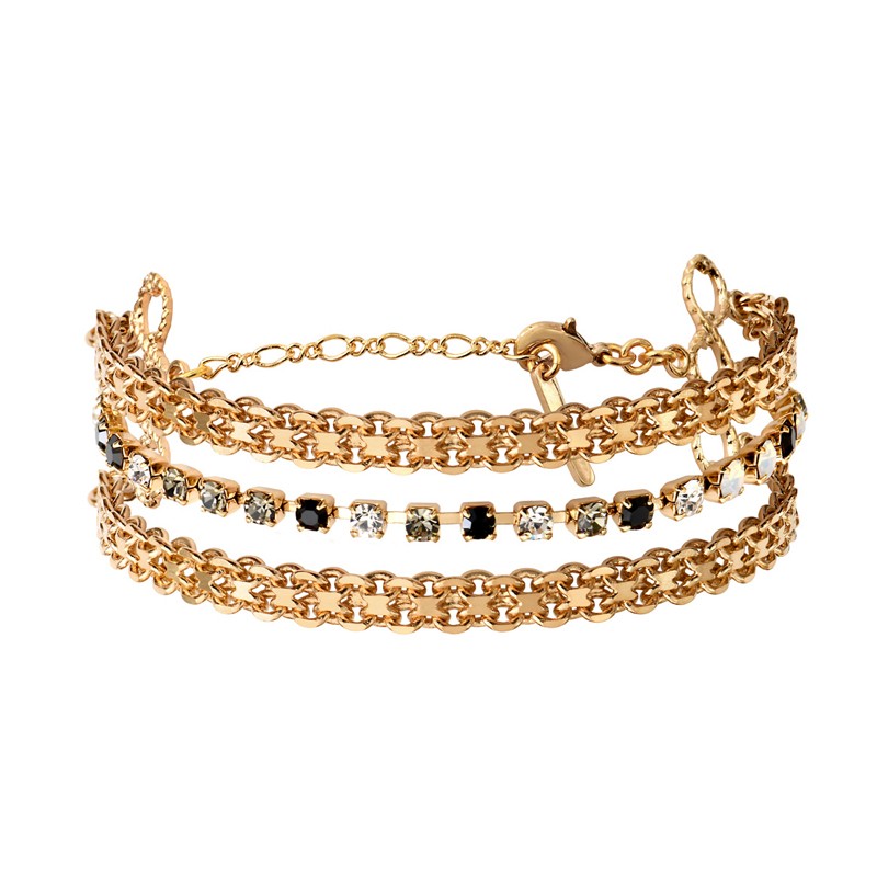 Bracelet manchette chaînes PRECIOUS doré & Cristaux Prestige noirs blancs - SATELLITE Bracelet manchette chaînes PRECIOUS doré & Cristaux Prestige noirs blancs - SATELLITE
