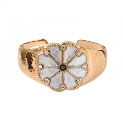 Bracelet Jonc ajustable PRECIOUS doré - Fleur argentée, Cristaux Prestige & Résine émaillée - SATELLITE