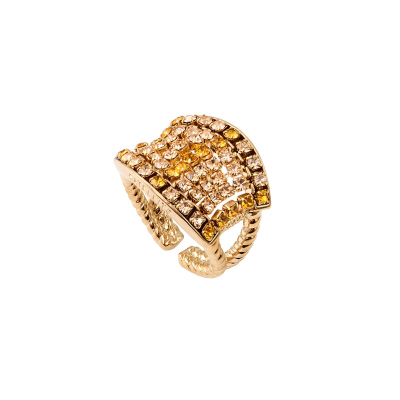 Bague large ajustable PRECIOUS dorée - Pavé art-déco Cristal Prestige topaze - SATELLITE Bague large ajustable PRECIOUS dorée - Pavé art-déco Cristal Prestige topaze - SATELLITE