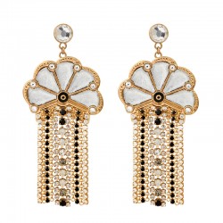 Boucles d'oreilles pendantes PRECIOUS Or - Fleur argentée & Cascade de Cristaux Prestige noir blanc - SATELLITE