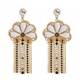Boucles d'oreilles pendantes PRECIOUS Or - Fleur argentée & Cascade de Cristaux Prestige noir blanc - SATELLITE