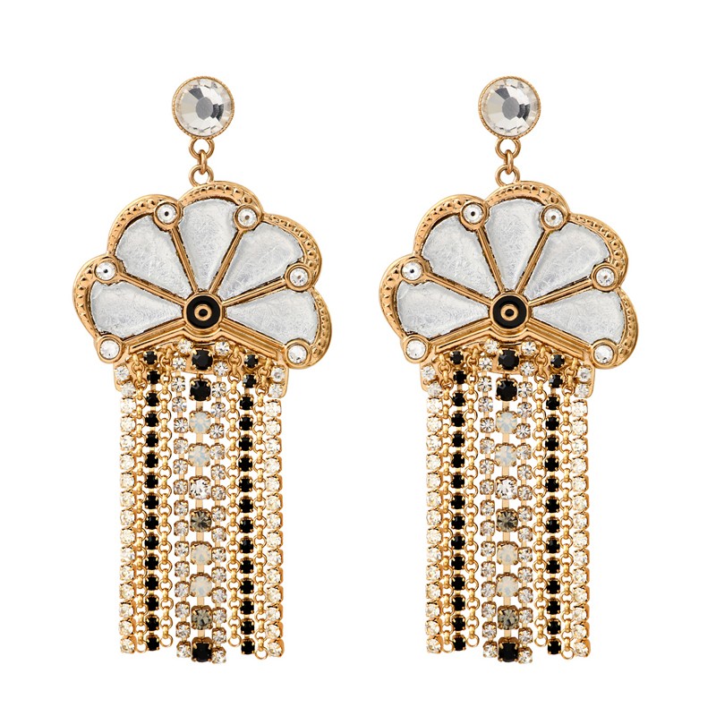 Boucles d'oreilles pendantes PRECIOUS Or - Fleur argentée & Cascade de Cristaux Prestige noir blanc - SATELLITE Boucles d'oreilles pendantes PRECIOUS Or - Fleur argentée & Cascade de Cristaux Prestige noir blanc - SATELLITE