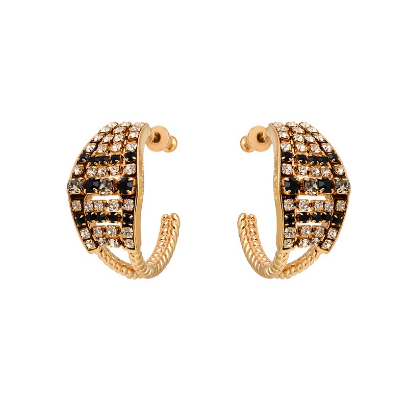 Boucles d'oreilles Créoles PRECIOUS Or - Pavé art-deco Cristaux Prestige noirs blancs - SATELLITE Boucles d'oreilles Créoles PRECIOUS Or - Pavé art-deco Cristaux Prestige noirs blancs - SATELLITE