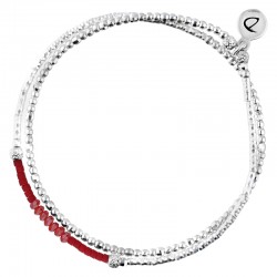 Bracelet élastique 2 tours SHINNY Argent - Tubes, Perles de verre & Miyukis rouges - Doriane Bijoux