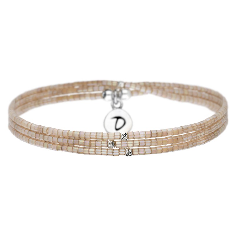 Bracelet multi tours élastiqué Argent & Perles en Miyukis beige irisé - Doriane Bijoux