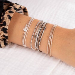 Bracelet multi tours élastiqué Argent & Perles en Miyukis beige irisé TAILLE M