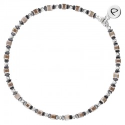 Bracelet fin élastiqué - Perles argent Miyuki carré marron & Hématites - Doriane Bijoux