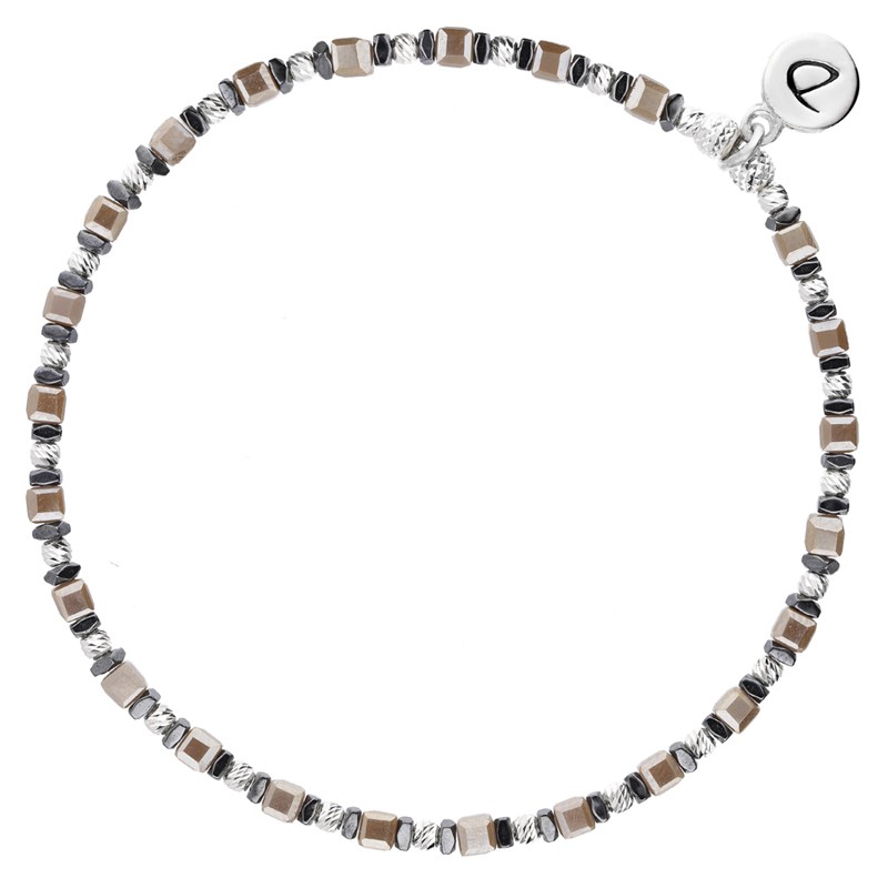 Bracelet fin élastiqué TWEED Argent - Perles, Miyuki carré marron & Hématites - Doriane Bijoux