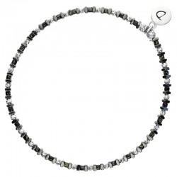 Bracelet élastiqué MIRISSA argent - Miyukis noires tachetées & Hématites - Doriane Bijoux
