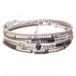 Bracelet multitours ATLANTA argent - Cordons & Perles beige marron - Doriane Bijoux