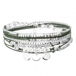 Bracelet OKLAHOMA MAILLE ROCK argent - Liens vert kaki & Pastilles plates - Doriane Bijoux
