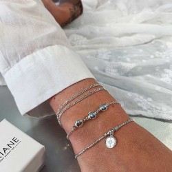 Bracelet fin élastiqué Argent - Perles,Tubes diamantés & Rose Des Vents TAILLE S