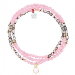 Collier & Bracelet élastique 3 tours JANVIER - Quartz fumé & Quartz Rose - TÊTES BLONDES