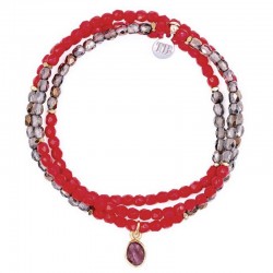 Collier & Bracelet élastique 3 tours JUILLET - Quartz fumé & Rubis rouge - TÊTES BLONDES