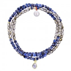 Collier & Bracelet élastique 3 tours SEPTEMBRE - Quartz fumé & Saphir - TÊTES BLONDES