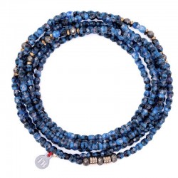 Collier & Bracelet élastique 6 tours GABRIELLE - Cristal denim marbré & Hématites cuivre - TÊTES BLONDES