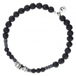 Bracelet Homme élastique Argent - Perles de lave & Miyukis noires  - DORIANE Bijoux